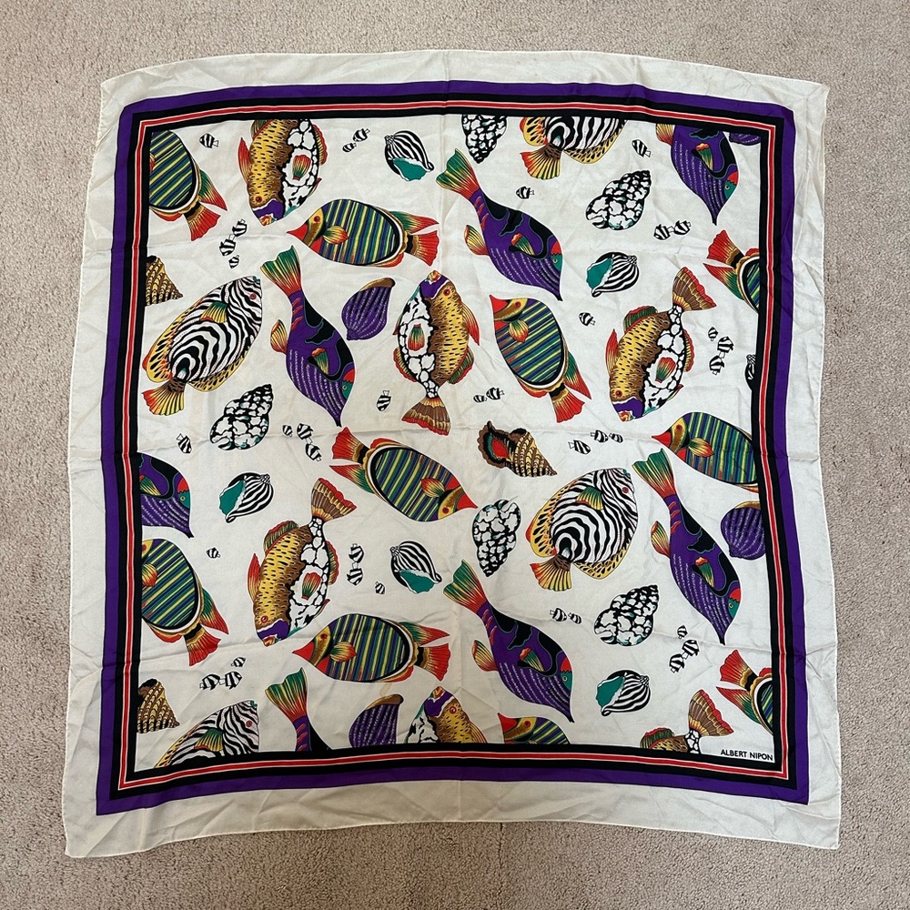 Stunning Albert Nipon Silk White and Purple Multicolor Fish Print Scarf